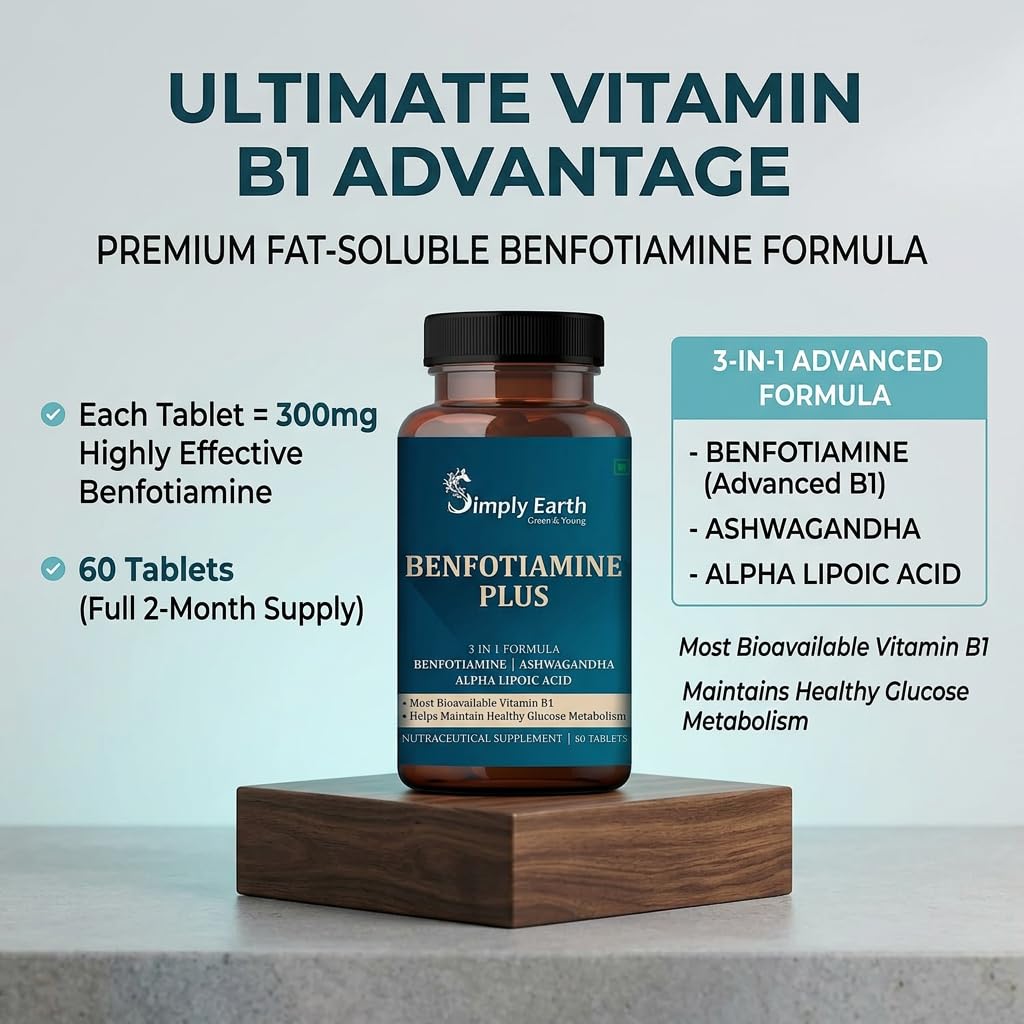 Simply Earth Benfotiamine+ 600mg with Ashwagandha & Alpha Lipoic Acid - Helps Maintain Blood Sugar Levels Supplement - Promotes Nerve Health & Metabolic Function - High Potency B1 Vitamin Supplement - 60 Tablets