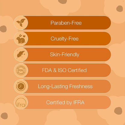 List of product certifications on an orange background with floral patterns
