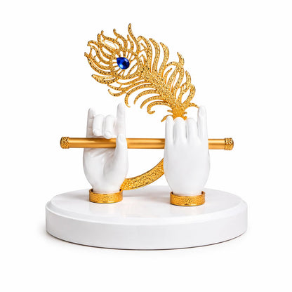 Goldplated Krishna Hand with Flute Idol Peacock Feather Mor Pankh Showpiece,Housewarming Gift, Birthday Wedding Anniversary Janmashtami Gift,Home Decor Decoration Items for Living Room