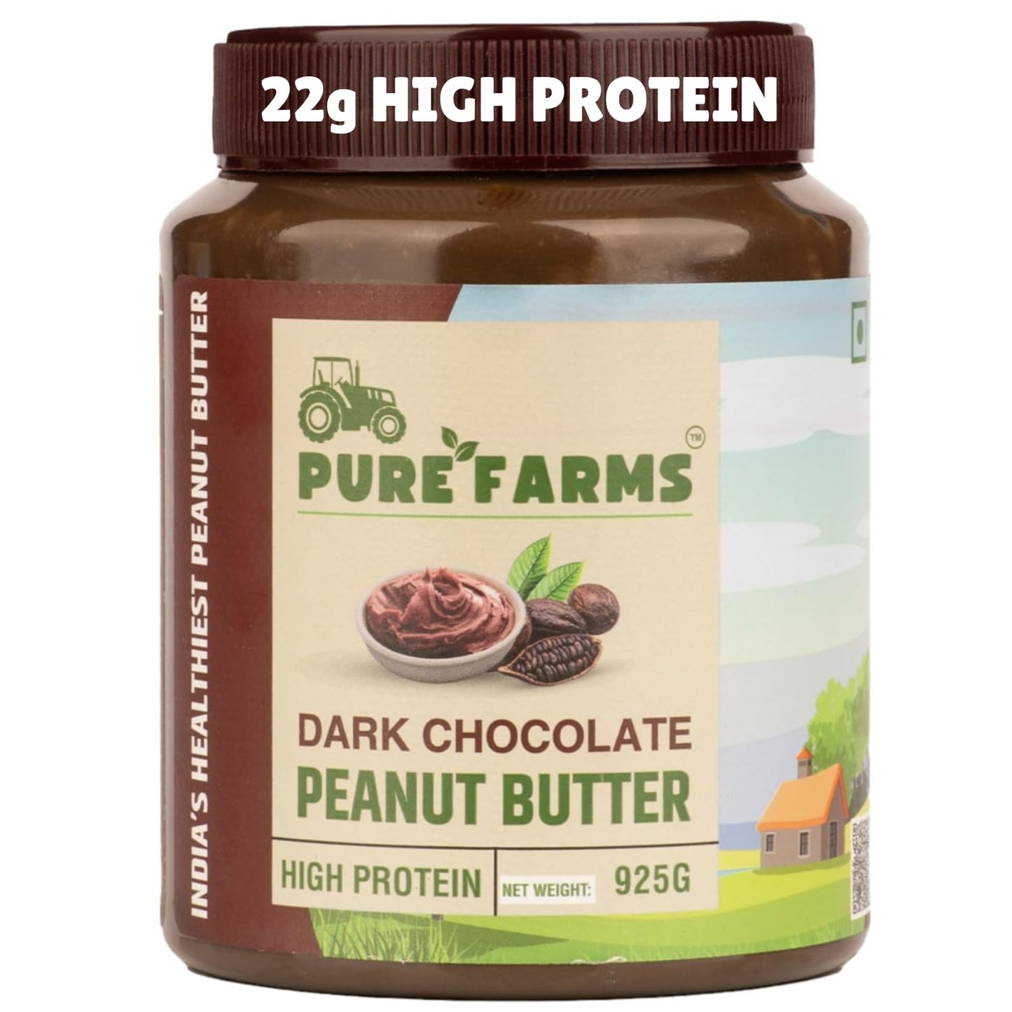 PURE FARMS Dark Chocolate Peanut Butter | Crunchy Chocolate Peanut Butter Spread | 22g Protein, Pure Cocoa | 80% Roasted Peanuts, No Hydrogenated Oil