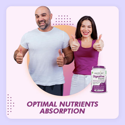 Man and woman giving thumbs up with a supplement container labeled 'Healthy Way Digestive Enzymes' on a light purple background.