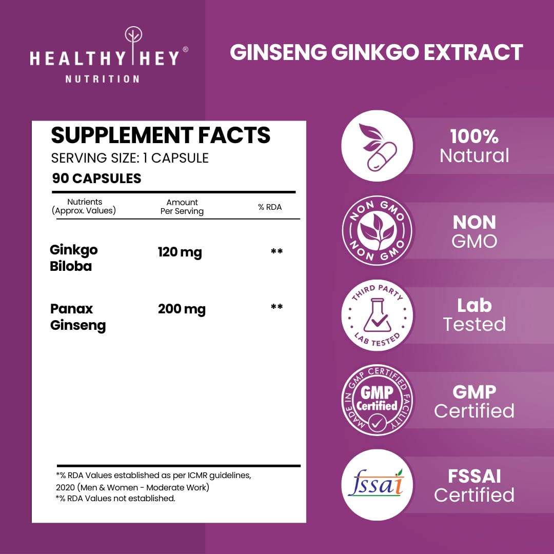 Supplement facts and certification logos for Ginseng Ginkgo Extract by Healthy Hey Nutrition on a purple background.
