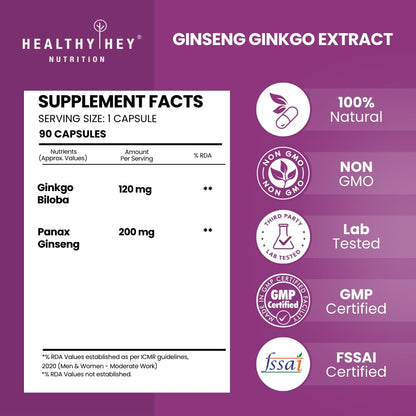 Supplement facts and certification logos for Ginseng Ginkgo Extract by Healthy Hey Nutrition on a purple background.