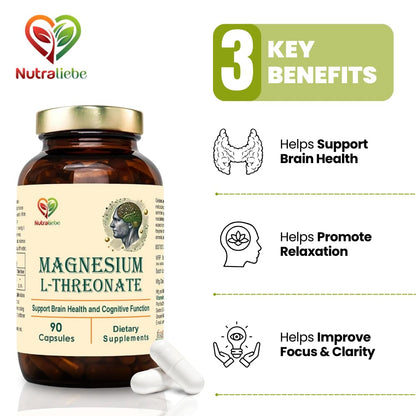 Nutraliebe Magnesium L-Threonate, 90 Capsules, Brain Health, Cognitive Support, Promotes Relaxation & Focus, High Absorption Formula