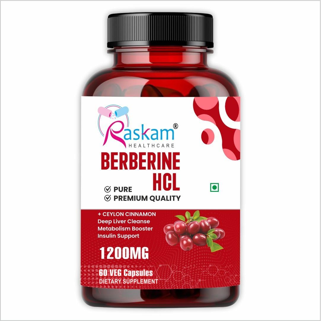 Bottle of Raskam Berberine HCL capsules on a white background
