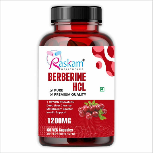 Bottle of Raskam Berberine HCL capsules on a white background