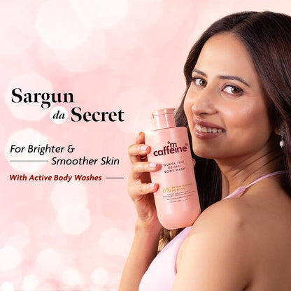 Woman holding a pink body wash bottle with 'Sargun da Secret' branding on a pink background.