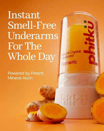 Phitku Crystal Roll On with Turmeric | Natural Alum | Brightens Dark Underarms, Kills Bacteria | Fragrance-Free & Alcohol Free | Men & Women | 100g