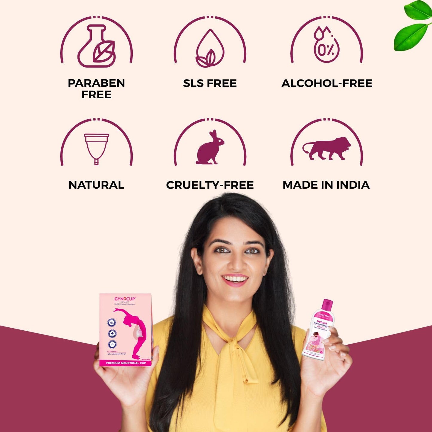 Woman holding skincare products with certification icons on a beige background