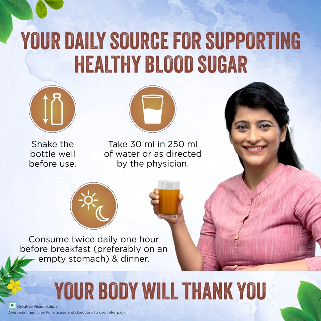 Advertisement for a product to support healthy blood sugar with instructions and a woman holding a glass.