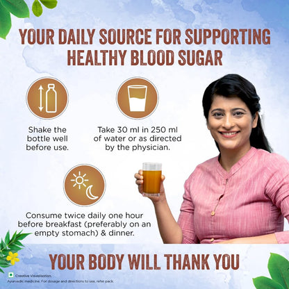 Advertisement for a product to support healthy blood sugar with instructions and a woman holding a glass.