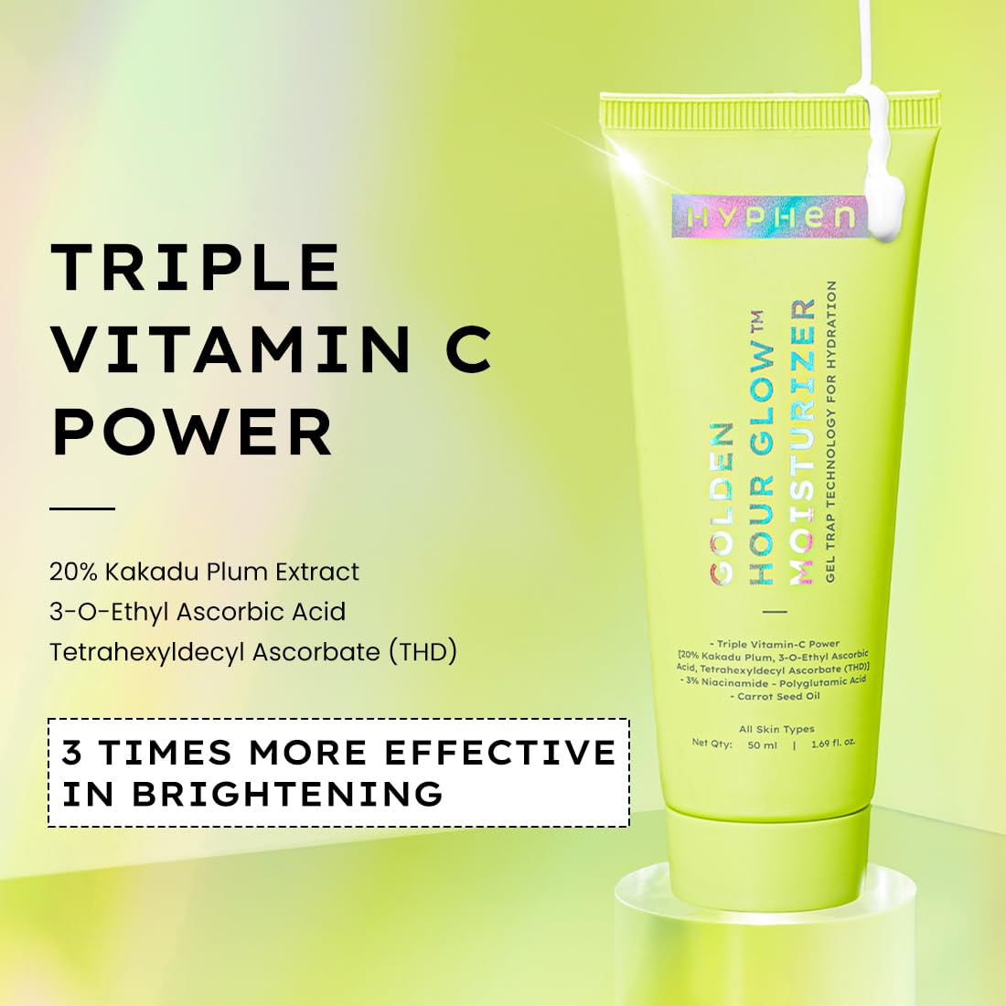 Green skincare product with text highlighting triple vitamin C power on a green background