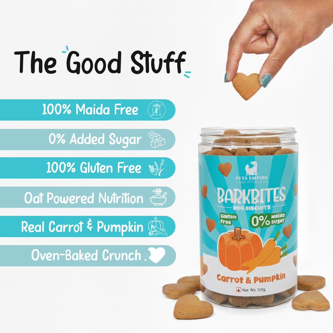 PETS EMPIRE BARKBITES Carrot & Pumpkin Biscuit Jar for Dogs 350g – Healthy Dog Treats with No Maida, No Sugar, No Salt – Nutritious & Crunchy Biscuits for Training and Rewards