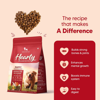 Hearty by HUFT Puppy Dry Food | Oven-Baked Chicken & Fish, All Breeds - 250 gm | Complete & Balanced Food for Puppy | No Corn, Soy, GMO or Added Flavours | Farm-Fresh Ingredients