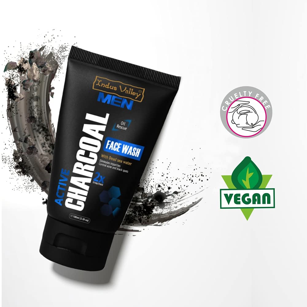 Indus Valley Men Active Charcoal Face Wash packaging with 'Cruelty Free' and 'Vegan' logos on a white background.