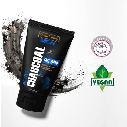 Indus Valley Men Active Charcoal Face Wash packaging with 'Cruelty Free' and 'Vegan' logos on a white background.