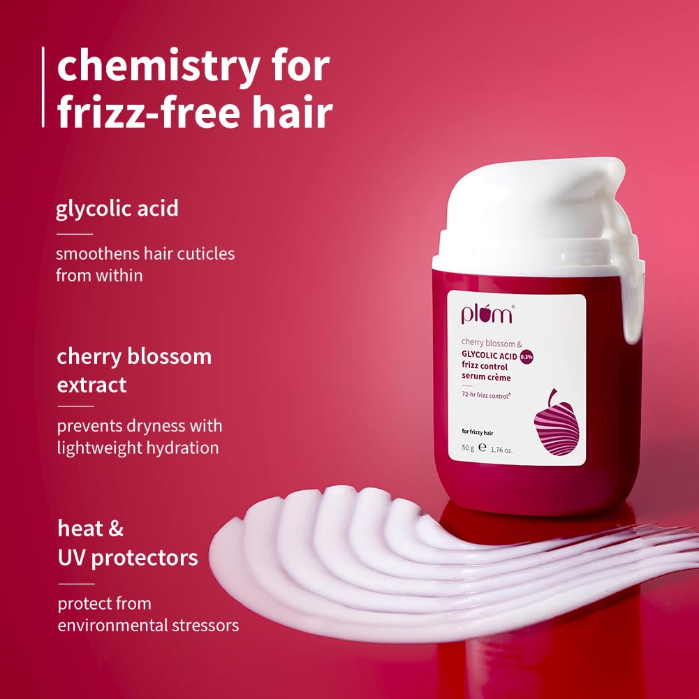 Plum Cherry Blossom & 0.3% Glycolic Acid Frizz Control Hair Serum Crème | 72-hr humidity-proof | Tames frizzy hair | Leave-in Hair Serum | Heat & UV protection | 50g