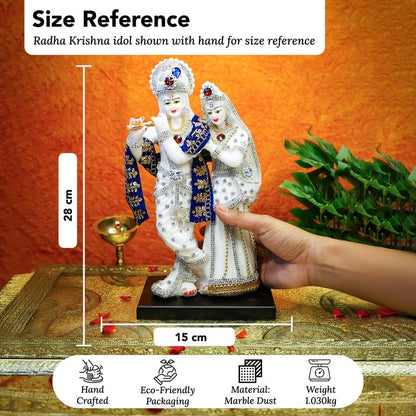 Aura Series Marble Dust Radha Krishna Murti (8 inch, Medium Size) | Gemstone Zircon Studded Radha Krishna Statue | Resin Radha Krishna Idol | Radhe Krishna ki Murti for Pooja, White, Religious