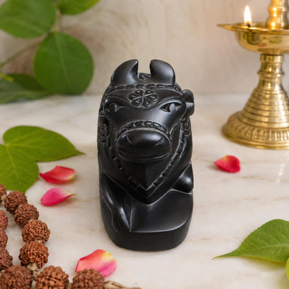HolyNest Handcrafted Black Stone Nandi Idol for Pooja Room & Home Temple | Sacred Nandi Bull Statue for Shivling Worship | Decorative Religious Gift & Vastu Decor | Sawan Mahashivratri (Length- 3 Inches)