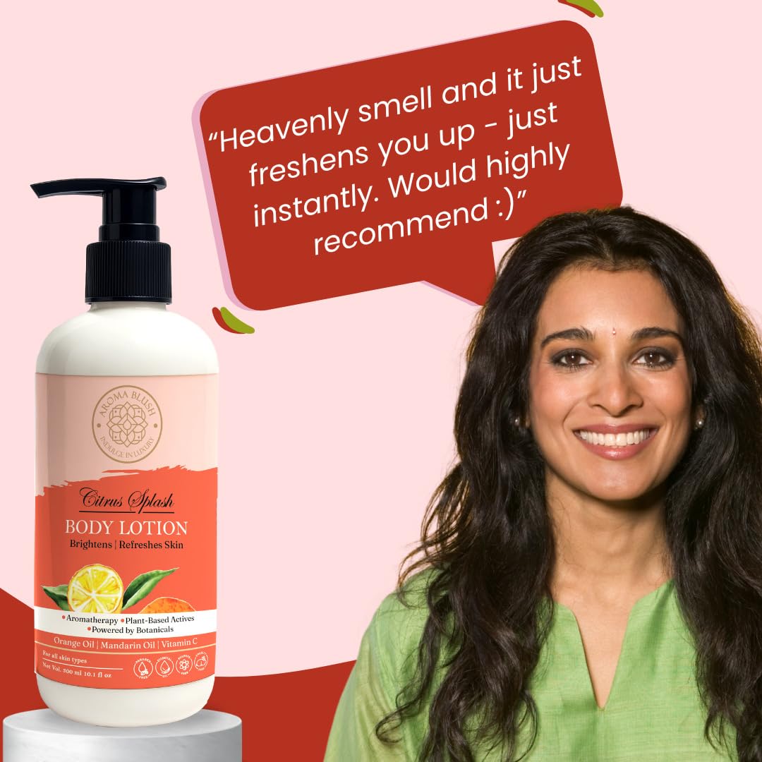 Body lotion with a woman and a quote on a pink background