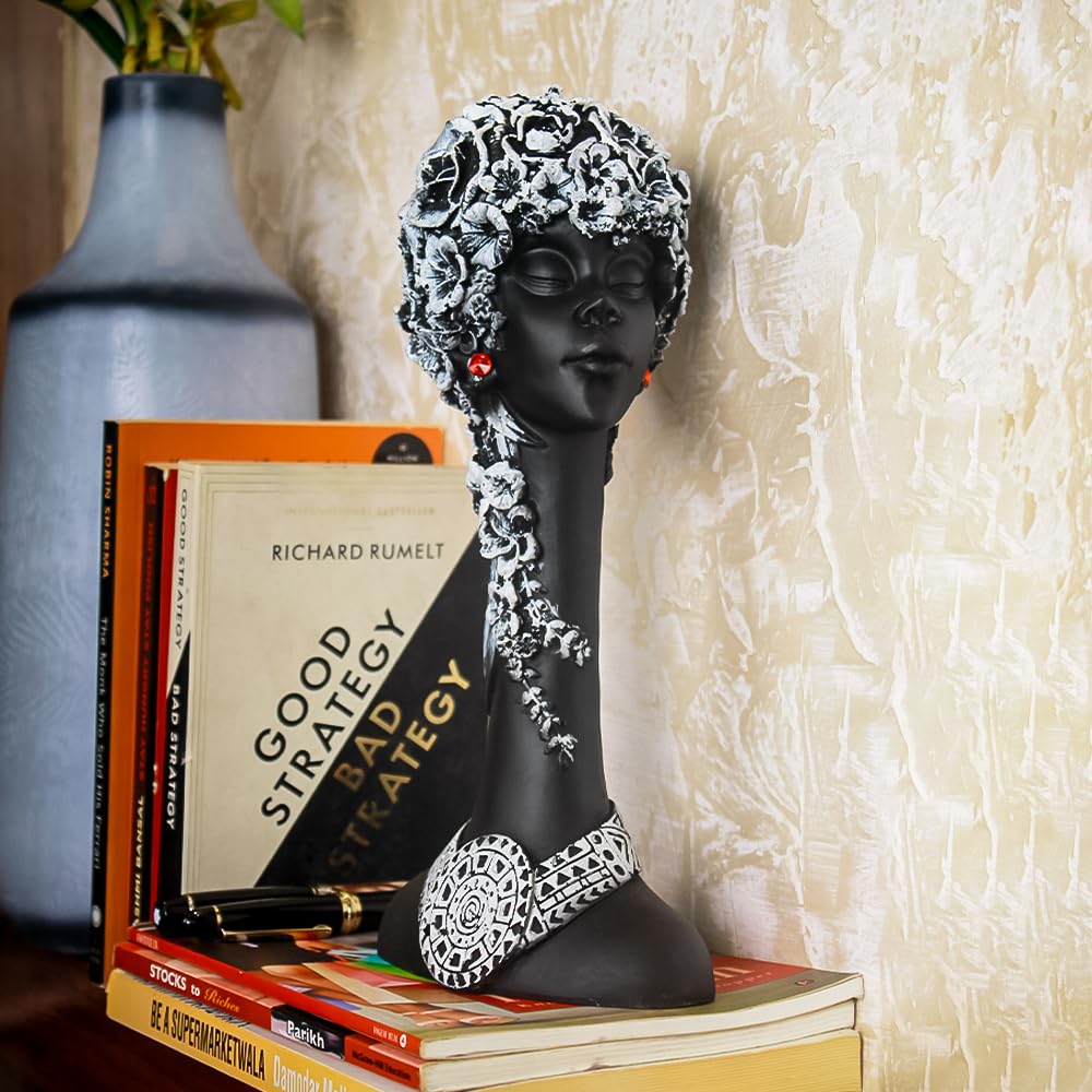 Black Lady with White Flower Head African Sculpture for Home Décor | Figurine Perfect for Office, Hotels, Restaurant, Decorative Statue Showpiece Items | African Lady Statue
