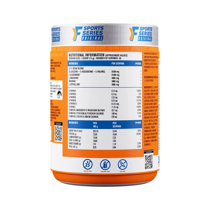 Supplement container with nutritional information label on a white background