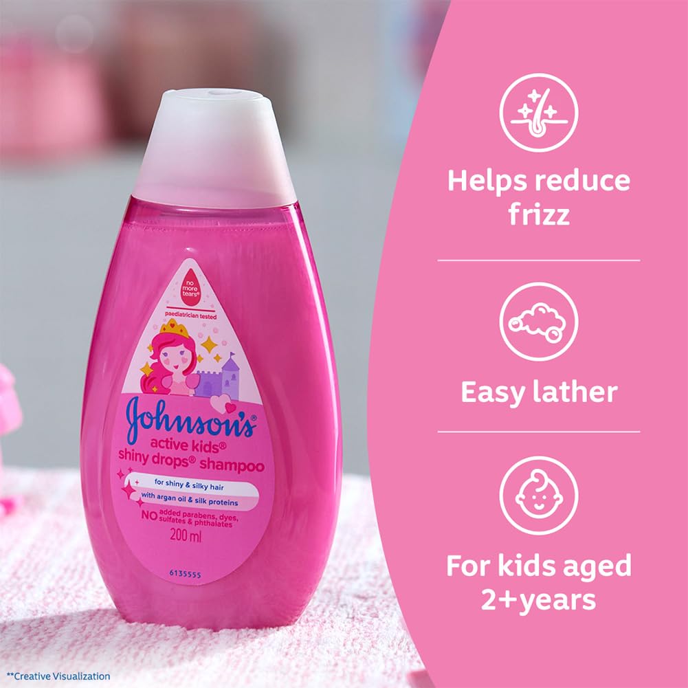 Johnson's Baby Active Kids Shiny Drops Shampoo, 200ml | With Argan Oil & Silk Proteins | For Shiny & Silky Hair |Deeply Cleanses Hair & Scalp | No More Tears Formula | No Added Parabens, Dyes, Sulphates & Pthalates | Paediatrician Tested