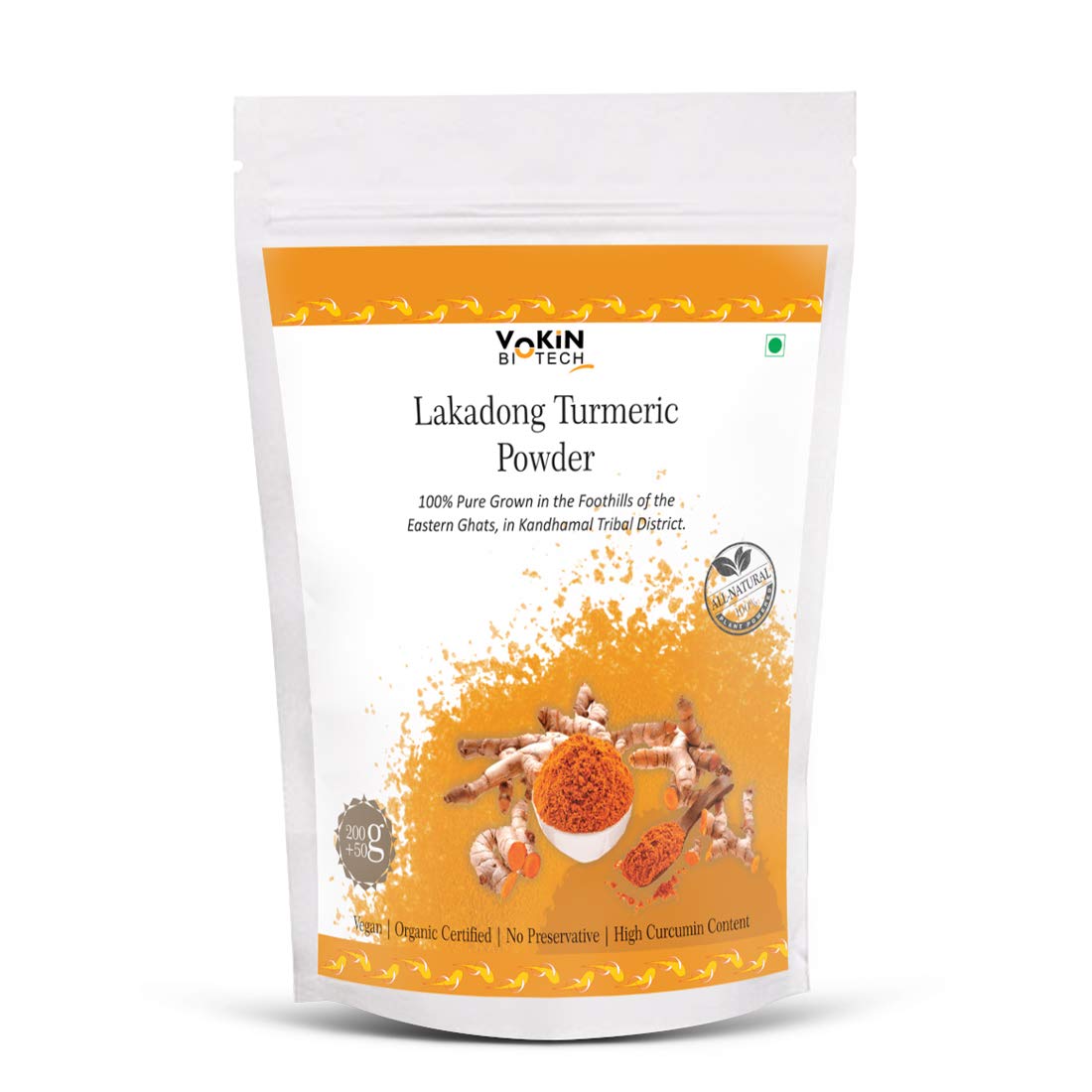 Packaging of YOKIN Biotech Lakadong Turmeric Powder on a white background