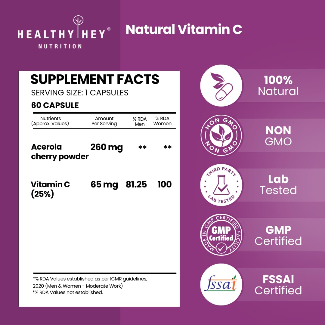 Healthy Hey Nutrition Natural Vitamin C supplement facts on a purple background