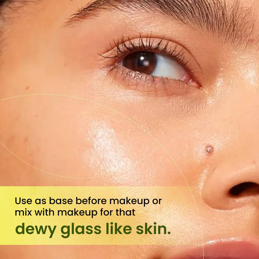 Close-up of a person's eye with text about using a product as a base for makeup.