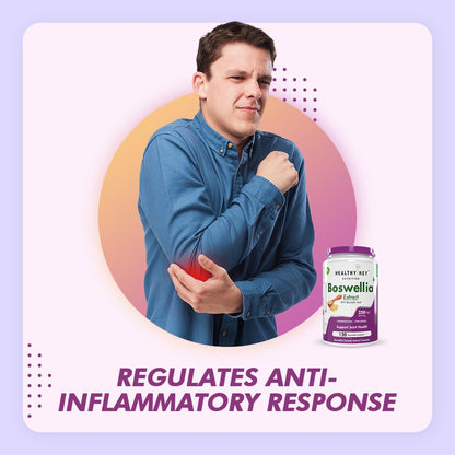 Man holding a bottle of Boswellia supplement with promotional text on a colorful background