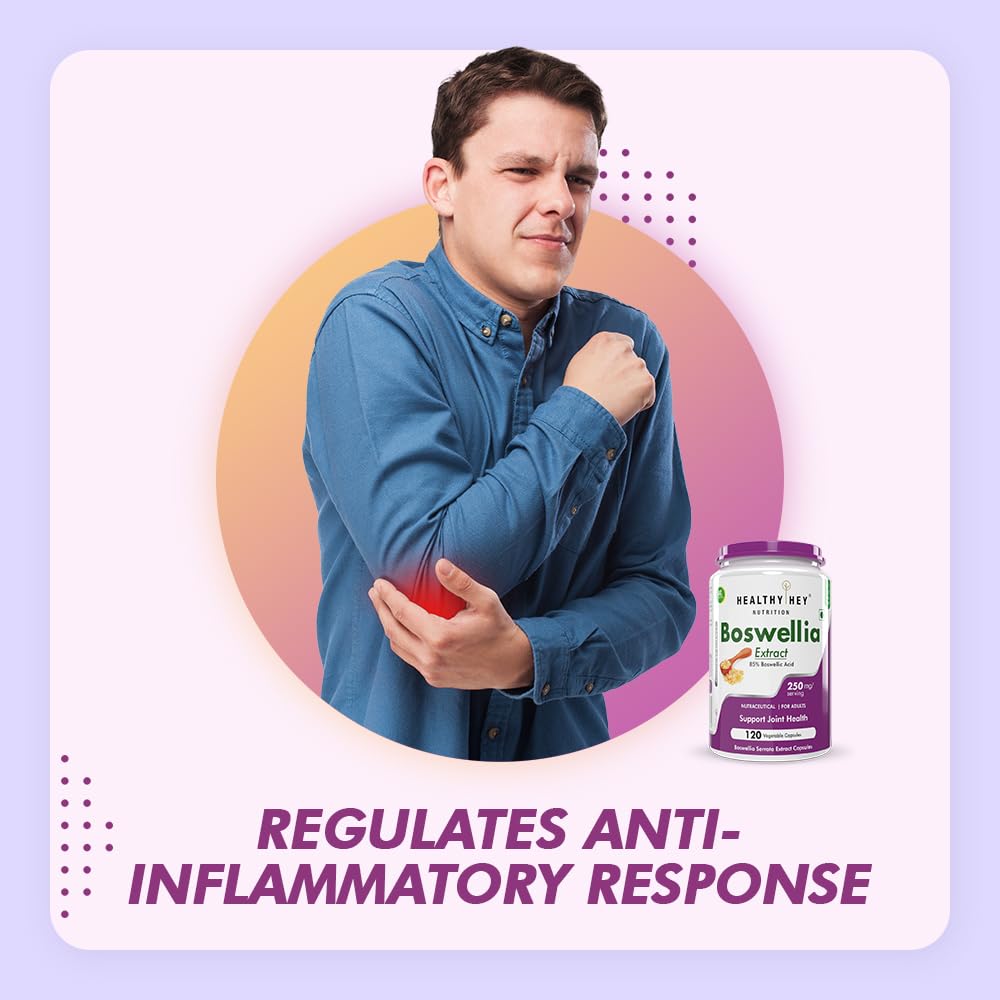 Man holding a bottle of Boswellia supplement with promotional text on a gradient background