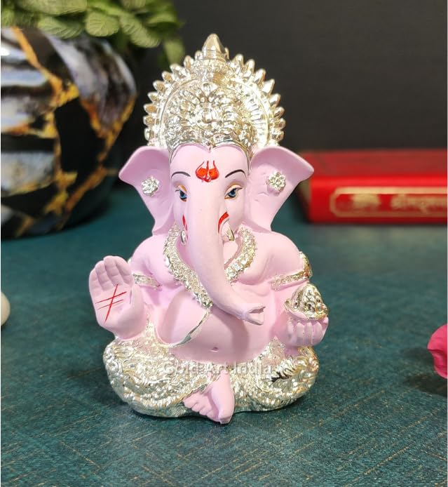 Gold Art India Gold and Silver Plated Ganesh Idol for Car Dashboard Ganesha Murti Ganpati Idol for Home Decor Puja Lord Ganesh Statue Gift for Office Desk Puja Room Figurine (Silver Pink)