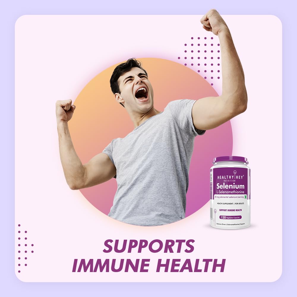 Person with arms raised next to a supplement bottle on a colorful background