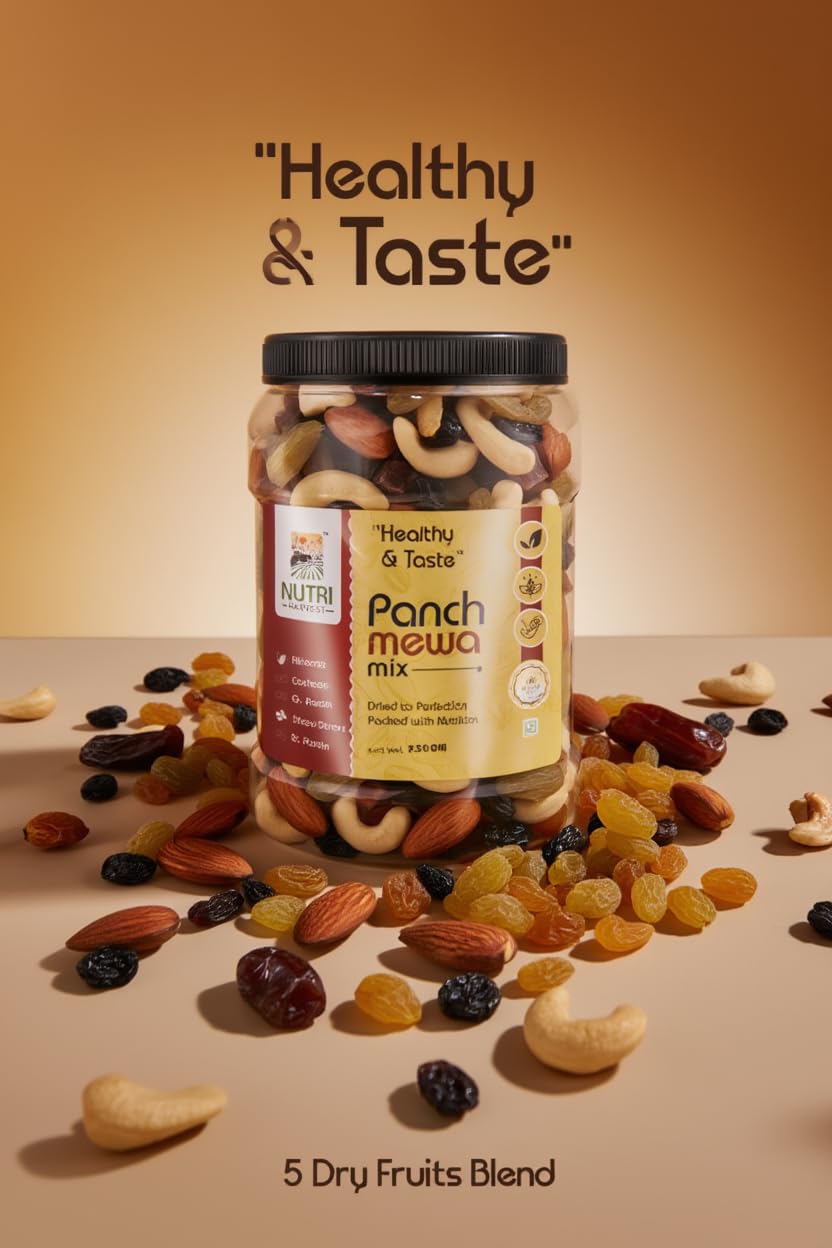 NUTRI HARVEST Premium Dry Fruits Mix pack (Panch mewa), Natural Blend of Almonds, Cashews,Black and green Raisins and diced Dates| Fit for Fasting 450 gram| (Re-sealable pack for freshness)