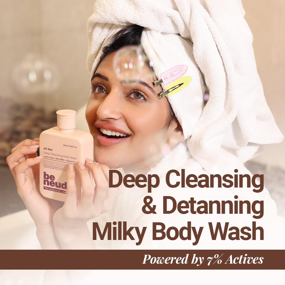 Be Neude All Wet 250ml De-Tan Body Wash with Milk, Lactic Acid, Vitamin C for Skin Brightening, Dark Spot & Pigmentation Reduction; Deep Cleansing Shower Gel Prevents Dryness & Body Acne for Men & Women