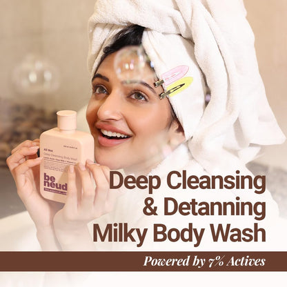 Be Neude All Wet 250ml De-Tan Body Wash with Milk, Lactic Acid, Vitamin C for Skin Brightening, Dark Spot & Pigmentation Reduction; Deep Cleansing Shower Gel Prevents Dryness & Body Acne for Men & Women