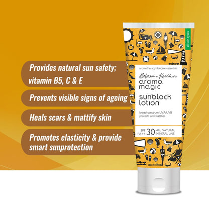 Aroma Magic Matte Sunblock Sunscreen Lotion | SPF 30 PA++ Protection with Non-Nano Zinc Oxide | No Parabens, Alcohol-Free | Calendula, Chamomile | Chemical-Free | All Skin | 100ml | Pack of 1