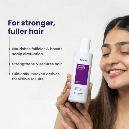 Woman holding a bottle of Reafirm hair care product with text about its benefits on a light background