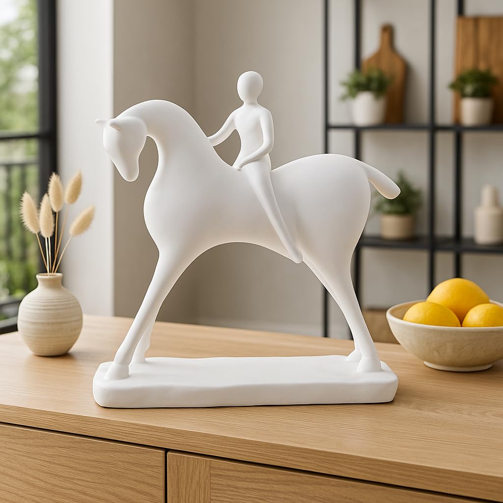 Elegant Horse with Rider Statue for Home Décor (Pack of 1, White)