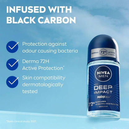 NIVEA MEN Deep Impact Freshness Deodorant Underarm Roll-on | 72 H Long Lasting Freshness | Infused with Black Carbon to fight bacteria and body odour | Woody masculine fragrance | 0% Alcohol | Dermatologically Approved & Paraben Free Formula | 50ml