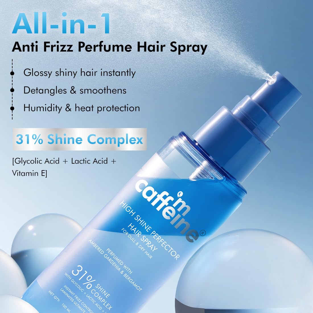 Caffeine Anti Frizz Perfume Hair Spray bottle with product features on a blue background