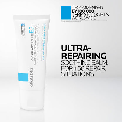 Cicaplast Baume B5+ balm with text about dermatologists' recommendation on a white background