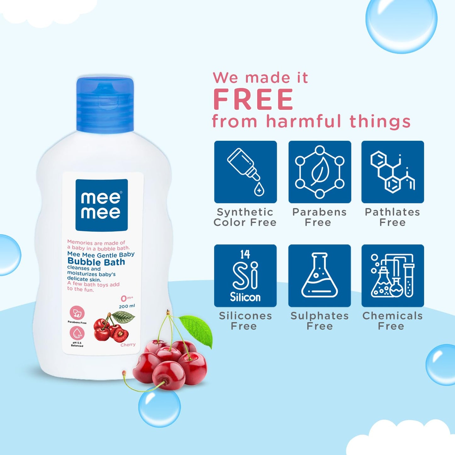 Mee Mee Baby Body Wash 200ml with Cherry & Fruit Extracts | Tear-Free, Mild & Moisturizing | Paraben-Free, Dermatologically Tested, pH Balanced | Gentle Head-to-Toe Bubble Bath for All Skin Types