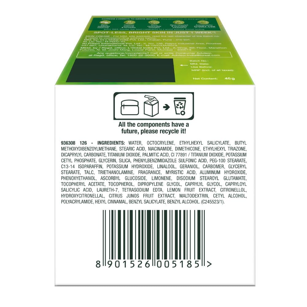 Back of a product packaging with green and white color scheme, including text and barcode.