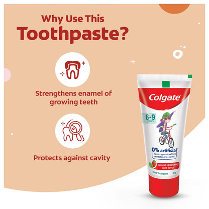 Colgate Kids Toothpaste with 0% Artificial Preservatives, Colours, Sweeteners for Whitening (6-9 Years, Natural Strawberry Mint Flavour - 80g Tube)