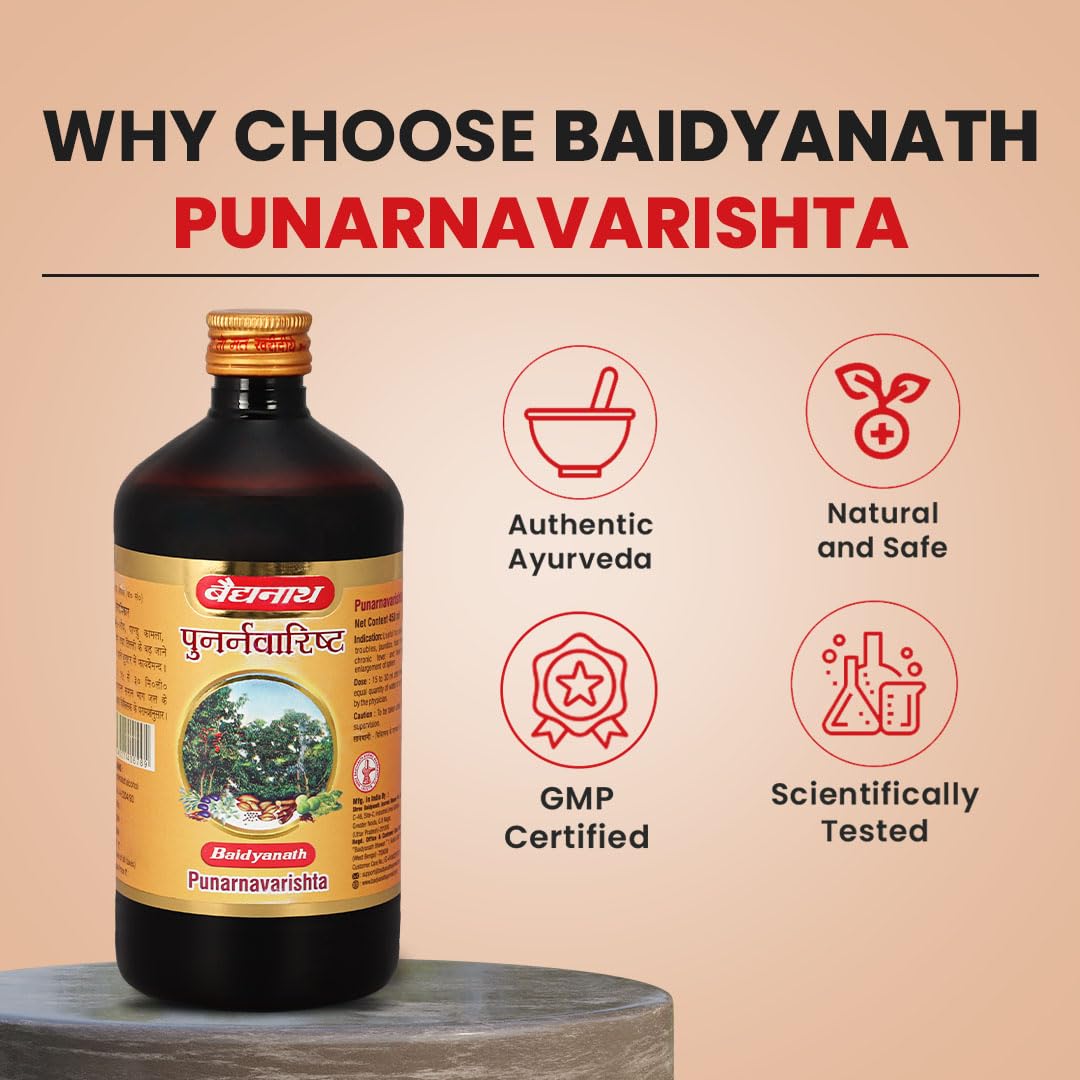 Baidyanath Punarnavarishta bottle with promotional text and icons on a beige background