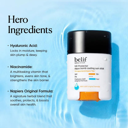 belif UV Aqua Bomb cooling sun stick with hero ingredients listed on a blue water background