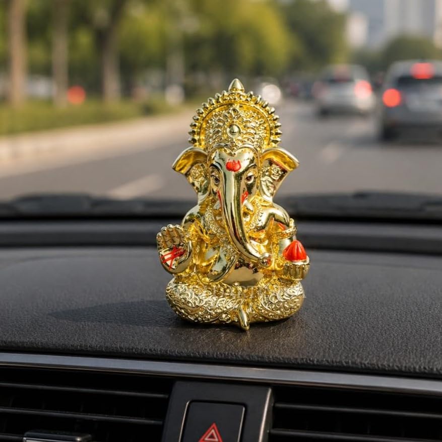 Gold Art India Mukut Ganesha Gold Plated l Ganesh Idol for Car Dashboard | Ganapati Murti for Home Decor | Vinayaka Statute for Puja & Gift 3.2" (GOLDPLATEDMUKUT)