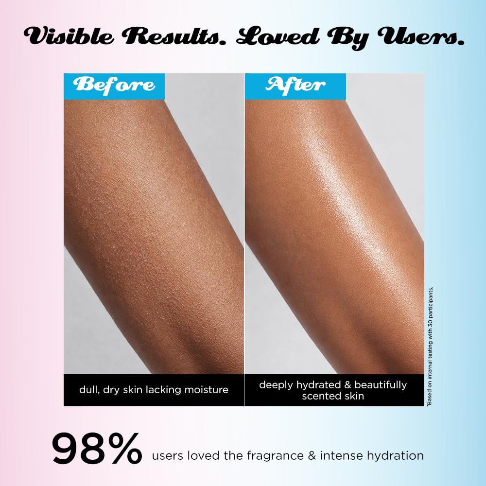Before and after comparison of skin hydration with text indicating user satisfaction.